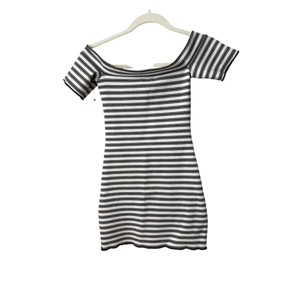 ZARA Striped Mini Dress Women Size S Bodycon Off Shoulder Knit Dress - Picture 4 of 6